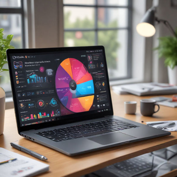 A laptop displaying an infographic design, a smartphone showing Instagram insights, and AR tools nearby.