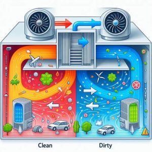 schematic diagram of airflow in a clean vs. dirty AC system