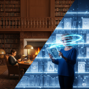 A split-screen image shows the evolution of libraries. On the left, a person reads a physical book in a traditional library with wooden bookshelves. On the right, the same person is shown interacting with a holographic book from a digital tablet, with data streams flowing around them in a modern, futuristic e-library.