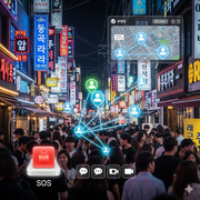 A busy night street in Korea, filled with people and brightly lit signs, is overlaid with a digital interface.