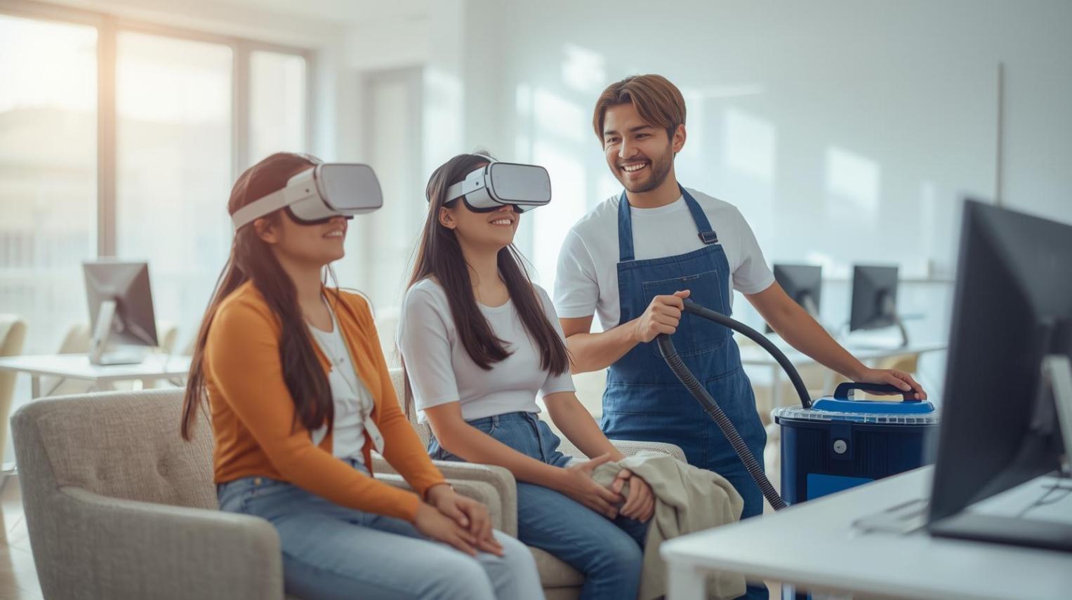 Two students in VR training assisted by upholstery cleaner with portable cleaning machine.