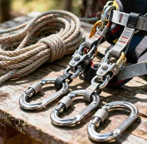 Close-up of modern arborist climbing gear including ropes, mechanical ascenders, harness, and carabiners laid out on a wooden surface.