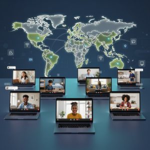 Students from different countries attending a virtual online classroom on laptops, global digital education concept with world map and video conference screens