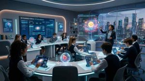 Futuristic AI-powered classroom with students using smart tablets