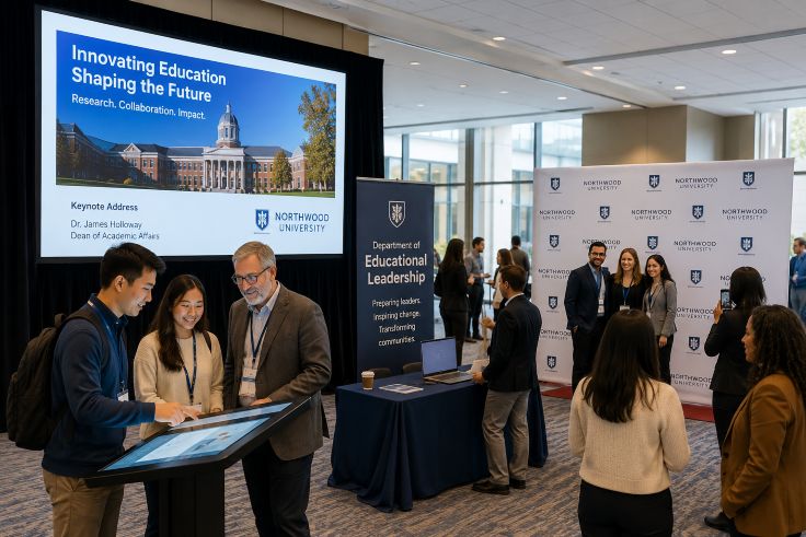 educational conference with large digital presentation screens