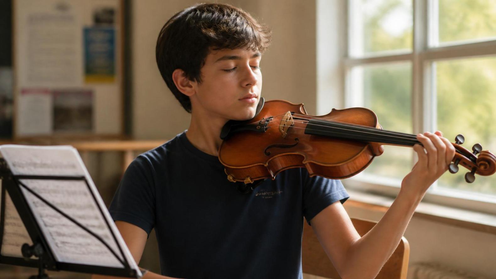 Student closes eyes, trusts her ear, tunes instrument in warm sunlight.