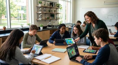 Students in a modern science classroom using tablets and computers to study environmental data, digital ecosystem maps displayed on screens, teacher guiding collaborative learning